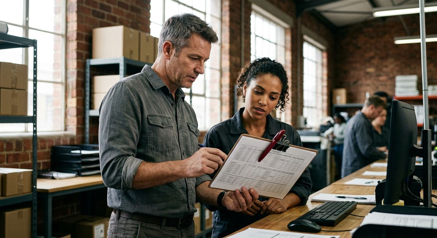 A branch manager and a colleague on an operations floor, reviewing a schedule on a clipboard with a red marker
