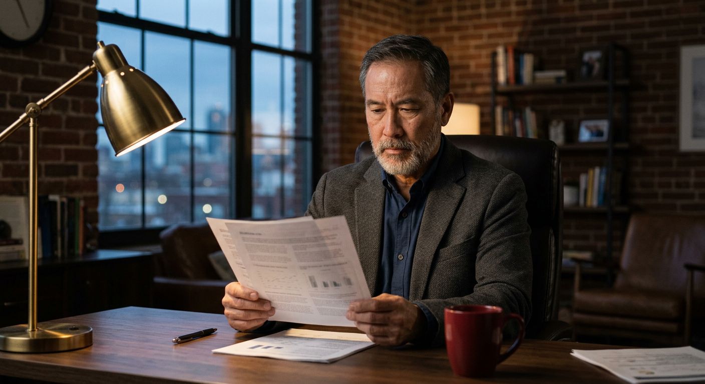 A leader alone at his desk at dusk, reading a printed plan under a desk lamp