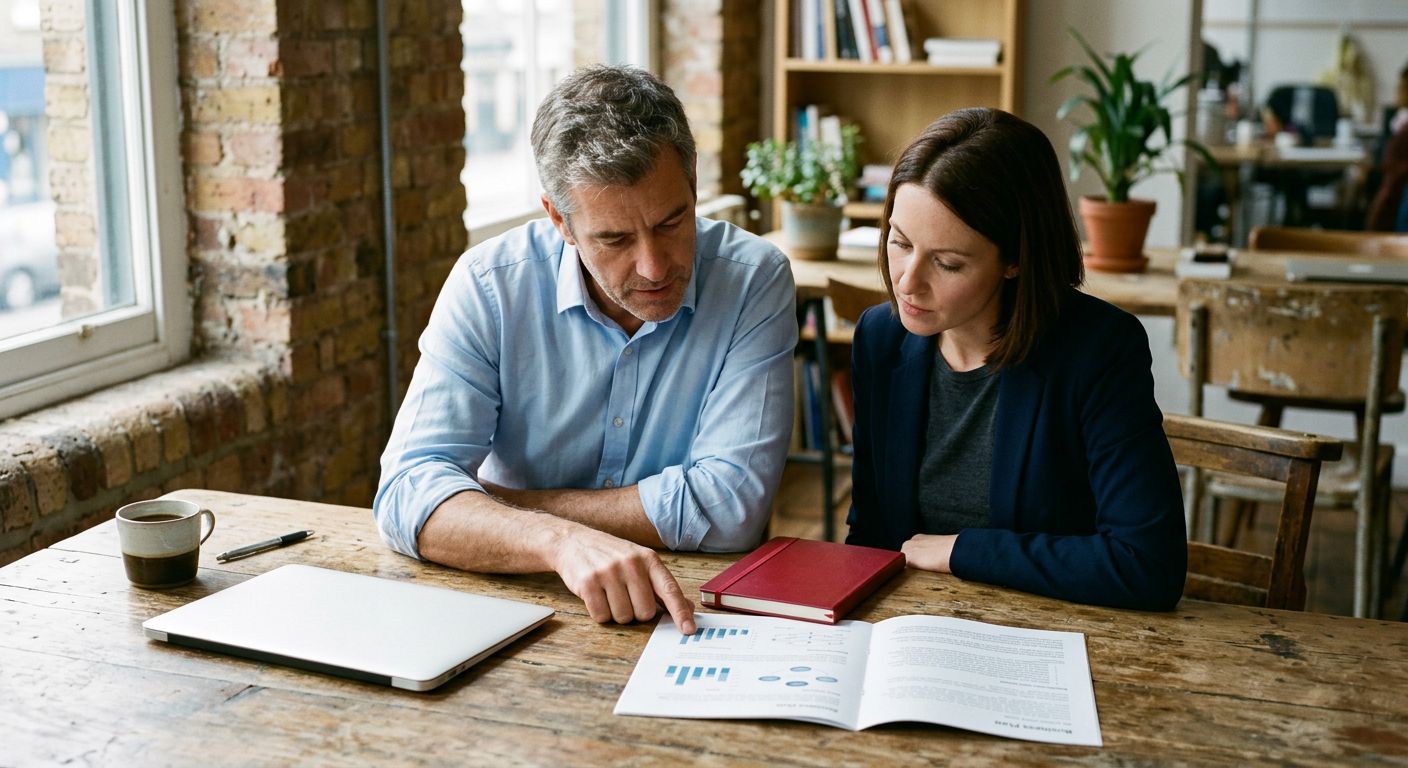 A leader and an advisor side by side at a wooden table, both reading the same printed plan, a red notebook between them