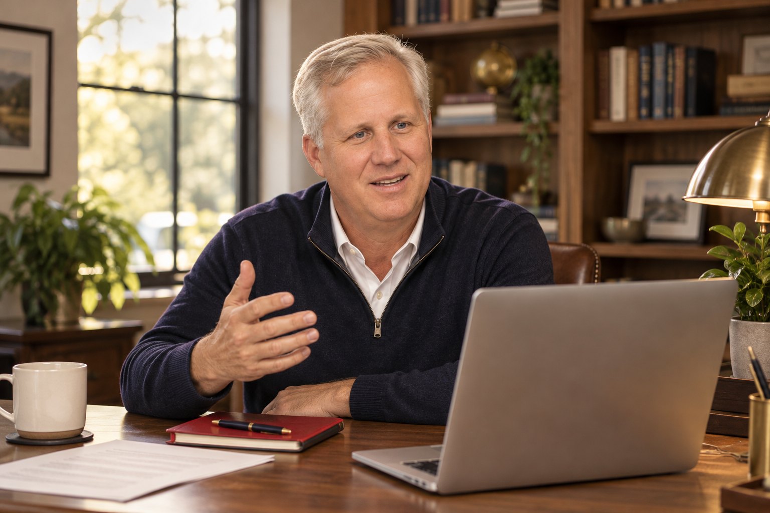 Matt Bramson on a video call at his desk, mid-conversation, a red notebook beside his laptop