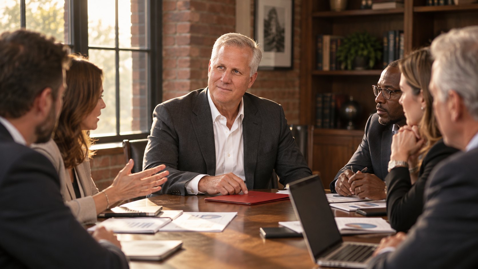 Matt Bramson at the head of a conference table, listening as his team works through a plan, a red folder in front of him