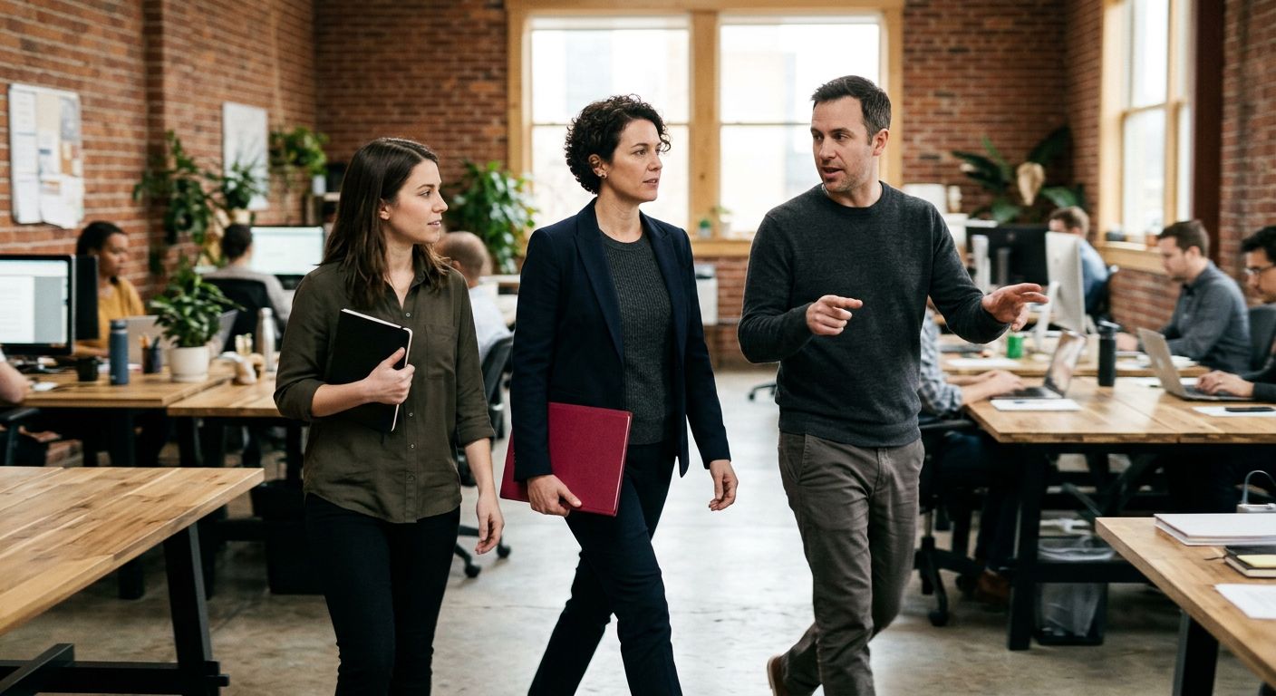 A leader carrying a red folder walks through an open office with two colleagues, mid-conversation
