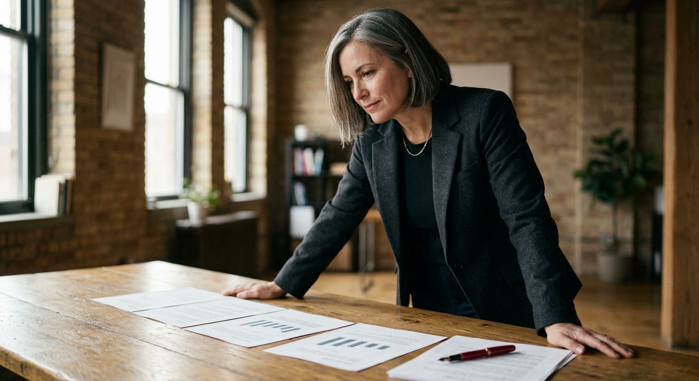 A leader leaning over a long table with the pages of her plan laid out in sequence, a red pen on the last page