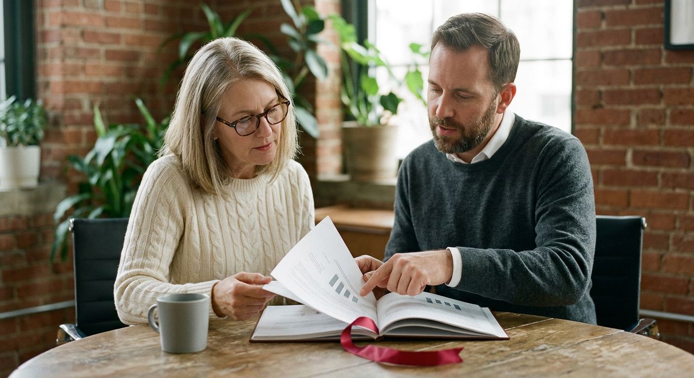 An advisor and a division head going through a bound report together, a red ribbon bookmark across the open pages